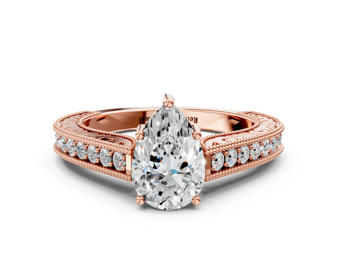 Rose gold Pear Cut Pave Band Milgrain Solitaire Ring_6