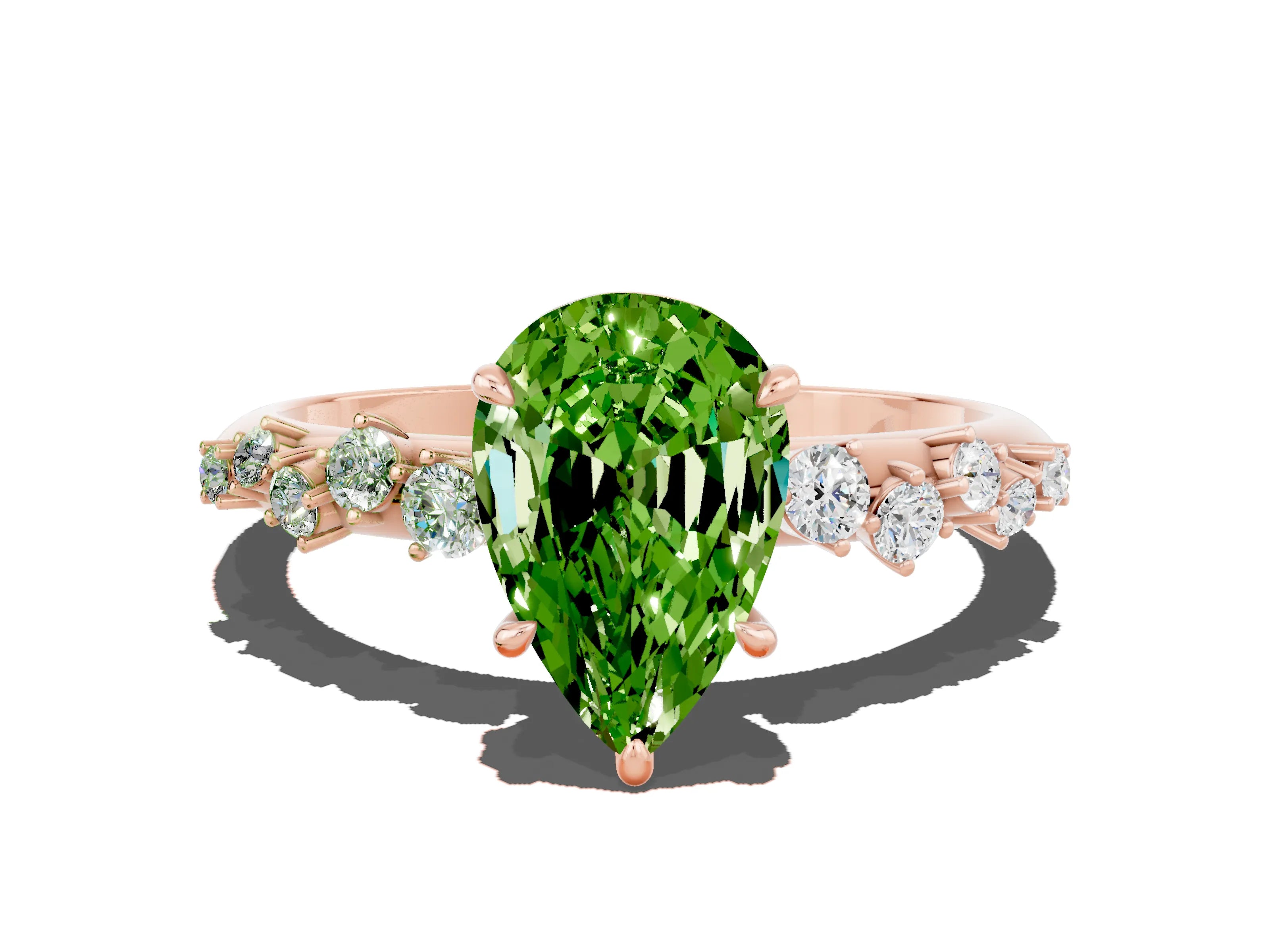 Rose gold Pear Cut Peridot Cluster Side Stone Solitaire Ring with Prong Setting_24