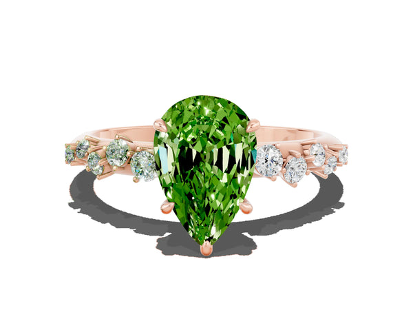 Rose gold Pear Cut Peridot Cluster Side Stone Solitaire Ring with Prong Setting