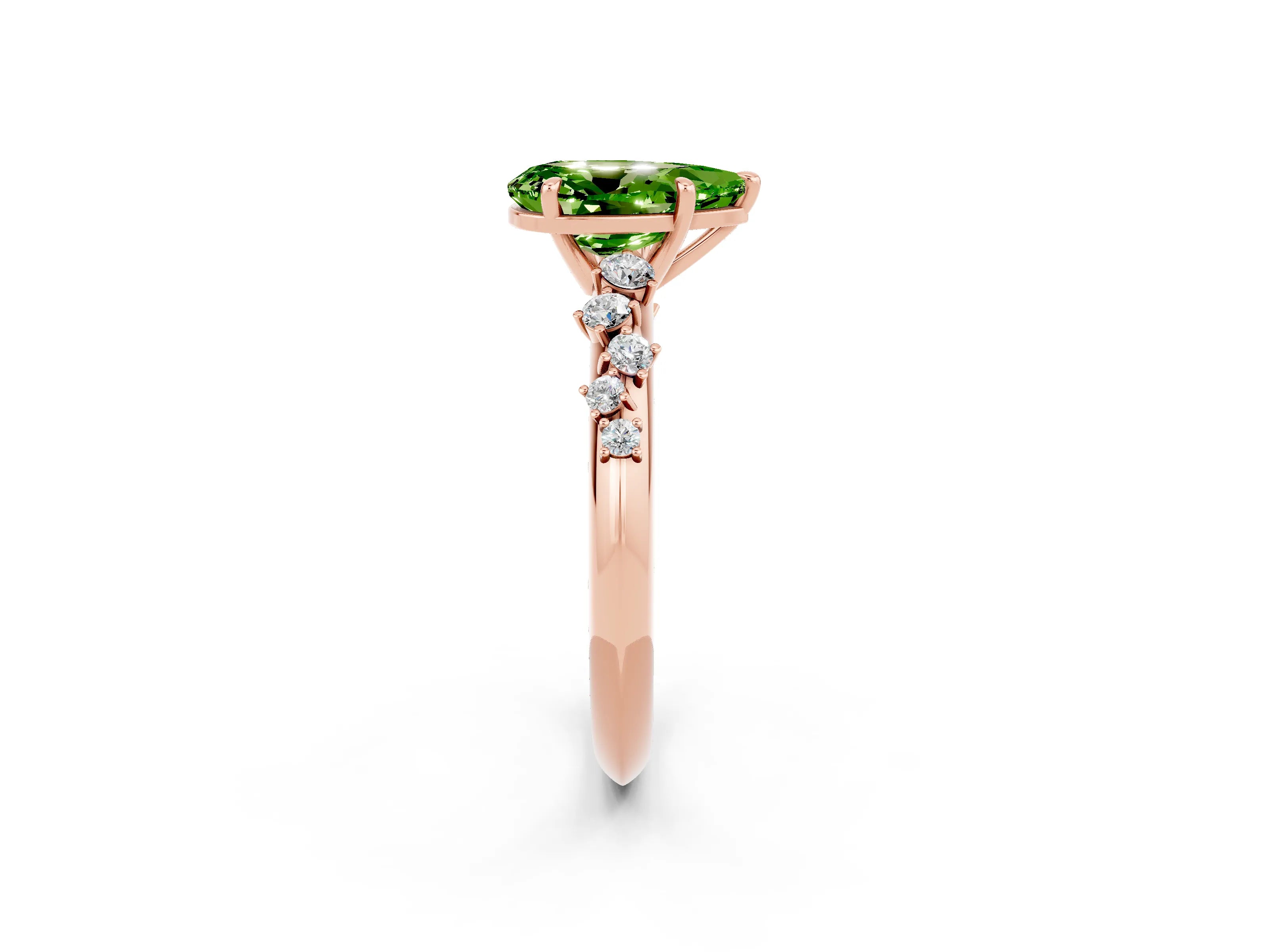 Rose gold Pear Cut Peridot Cluster Side Stone Solitaire Ring with Prong Setting_26