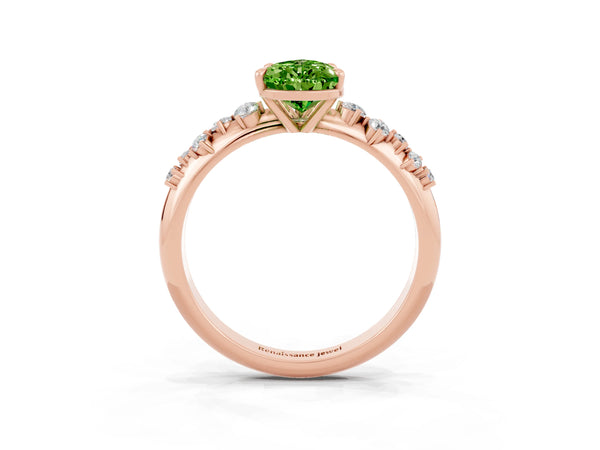 Rose gold Pear Cut Peridot Cluster Side Stone Solitaire Ring with Prong Setting
