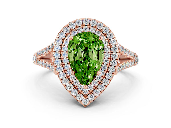 Rose gold Pear Cut Peridot Double Halo Ring with Pavé Band and Prong Setting