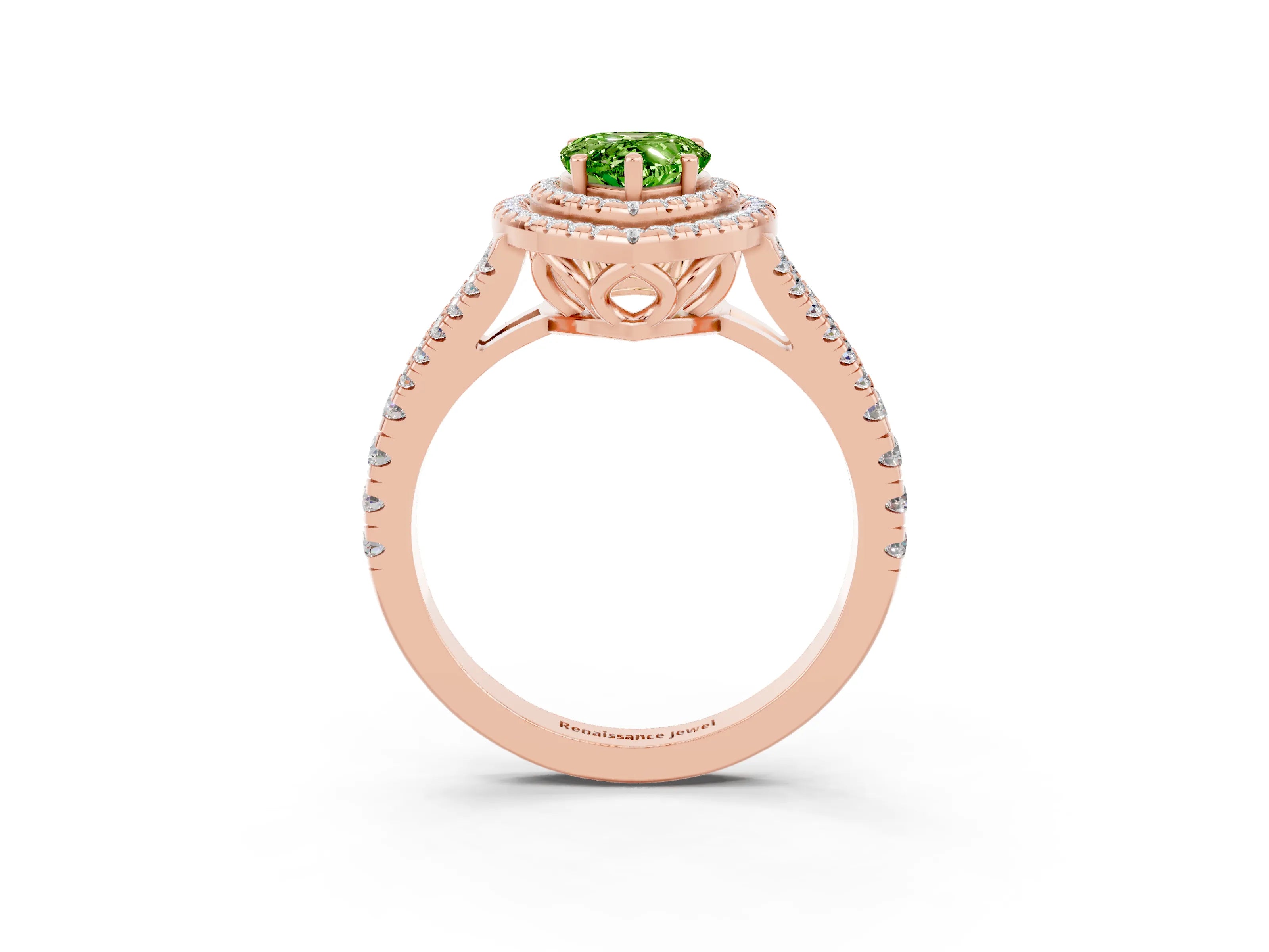 Rose gold Pear Cut Peridot Double Halo Ring with Pavé Band and Prong Setting_15