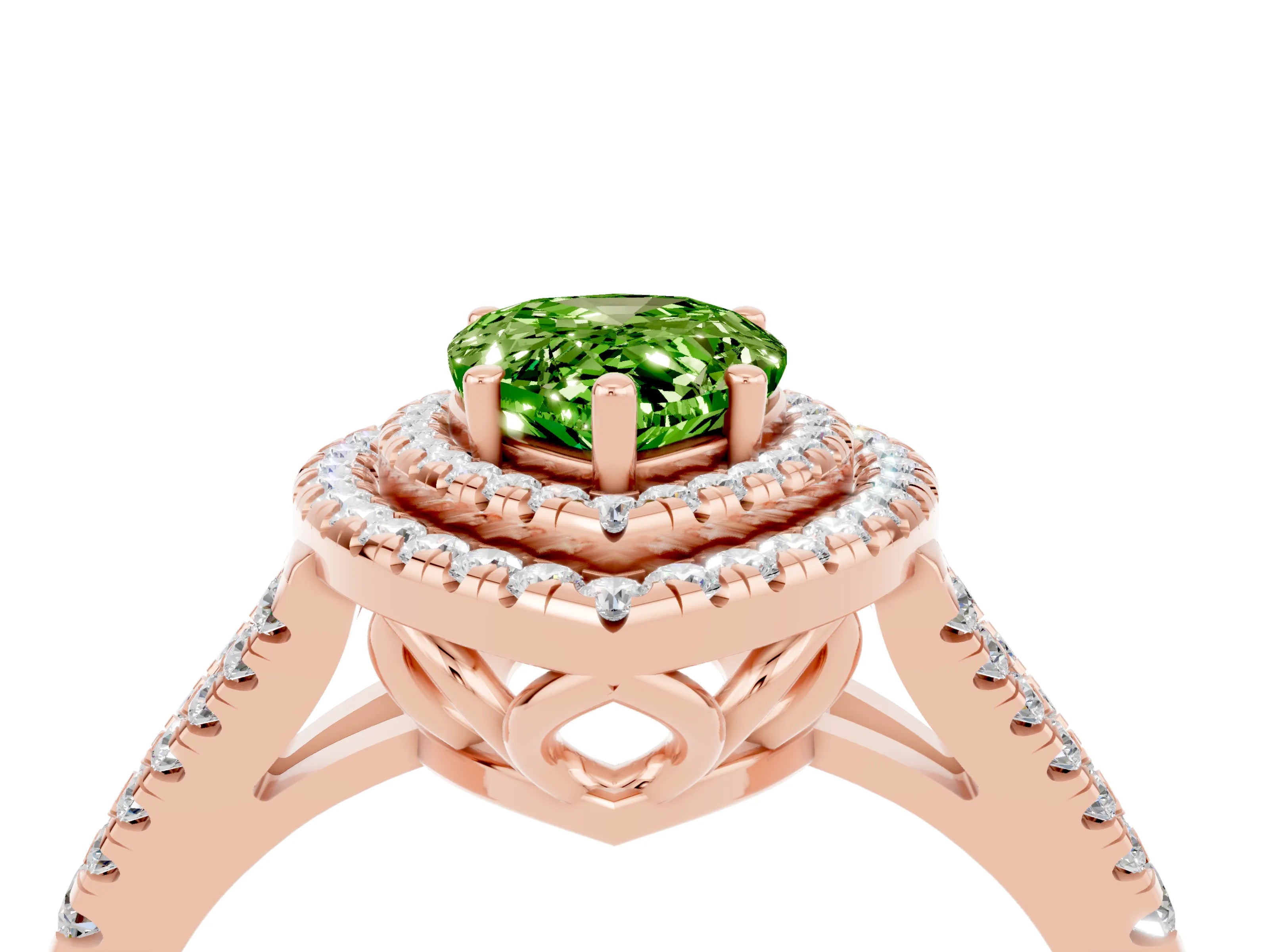 Rose gold Pear Cut Peridot Double Halo Ring with Pavé Band and Prong Setting_16
