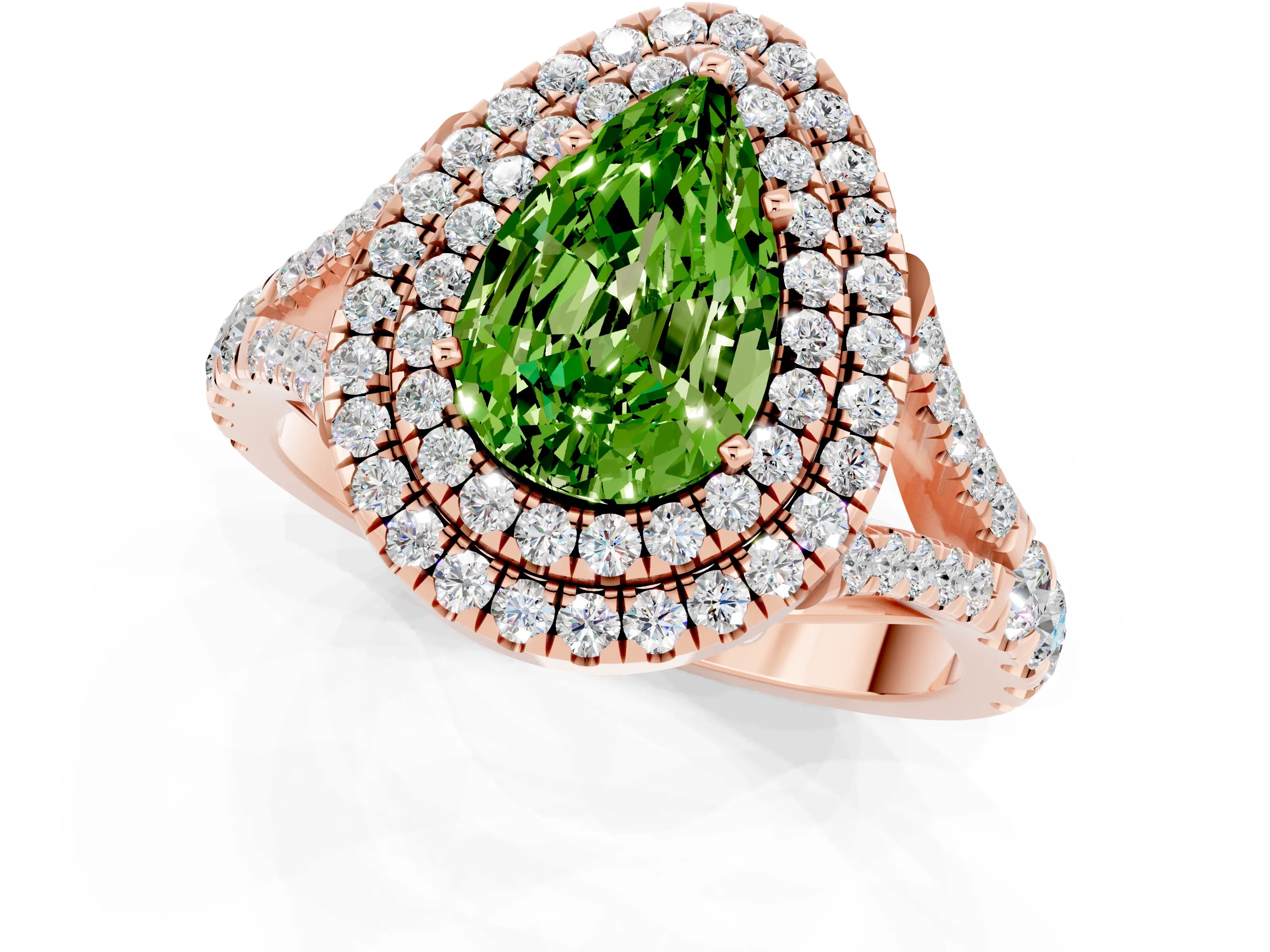 Rose gold Pear Cut Peridot Double Halo Ring with Split Shank and Prong Setting_13