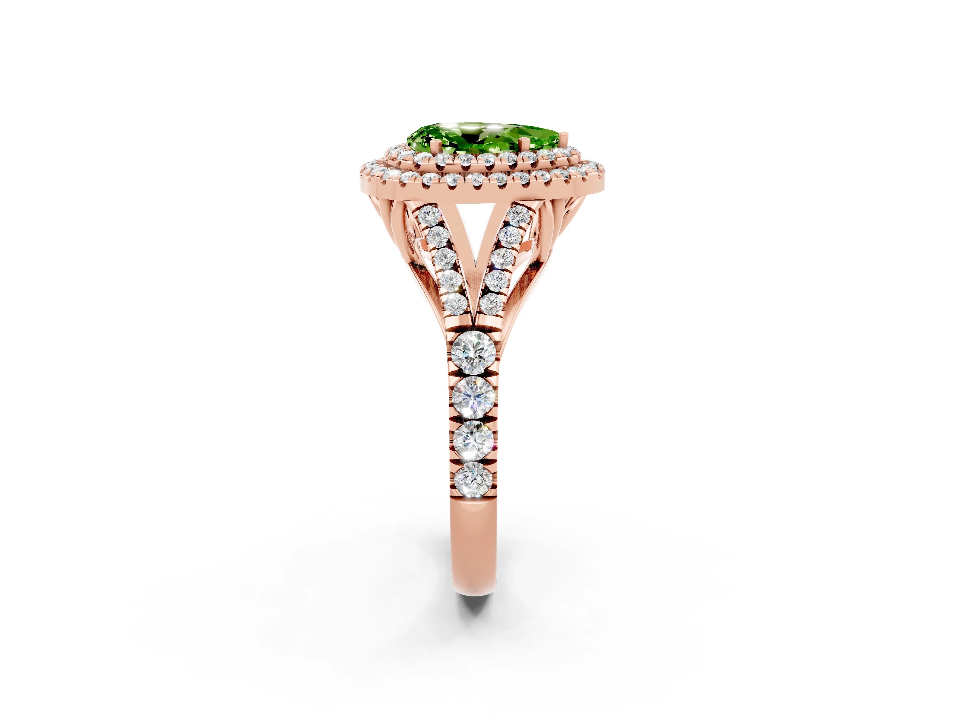Rose gold Pear Cut Peridot Double Halo Ring with Split Shank and Prong Setting_14