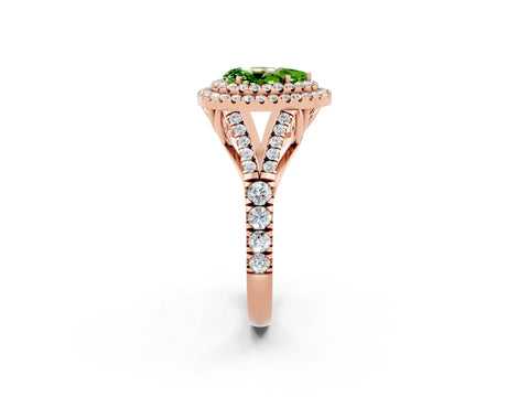 Rose gold Pear Cut Peridot Double Halo Ring with Split Shank and Prong Setting_14