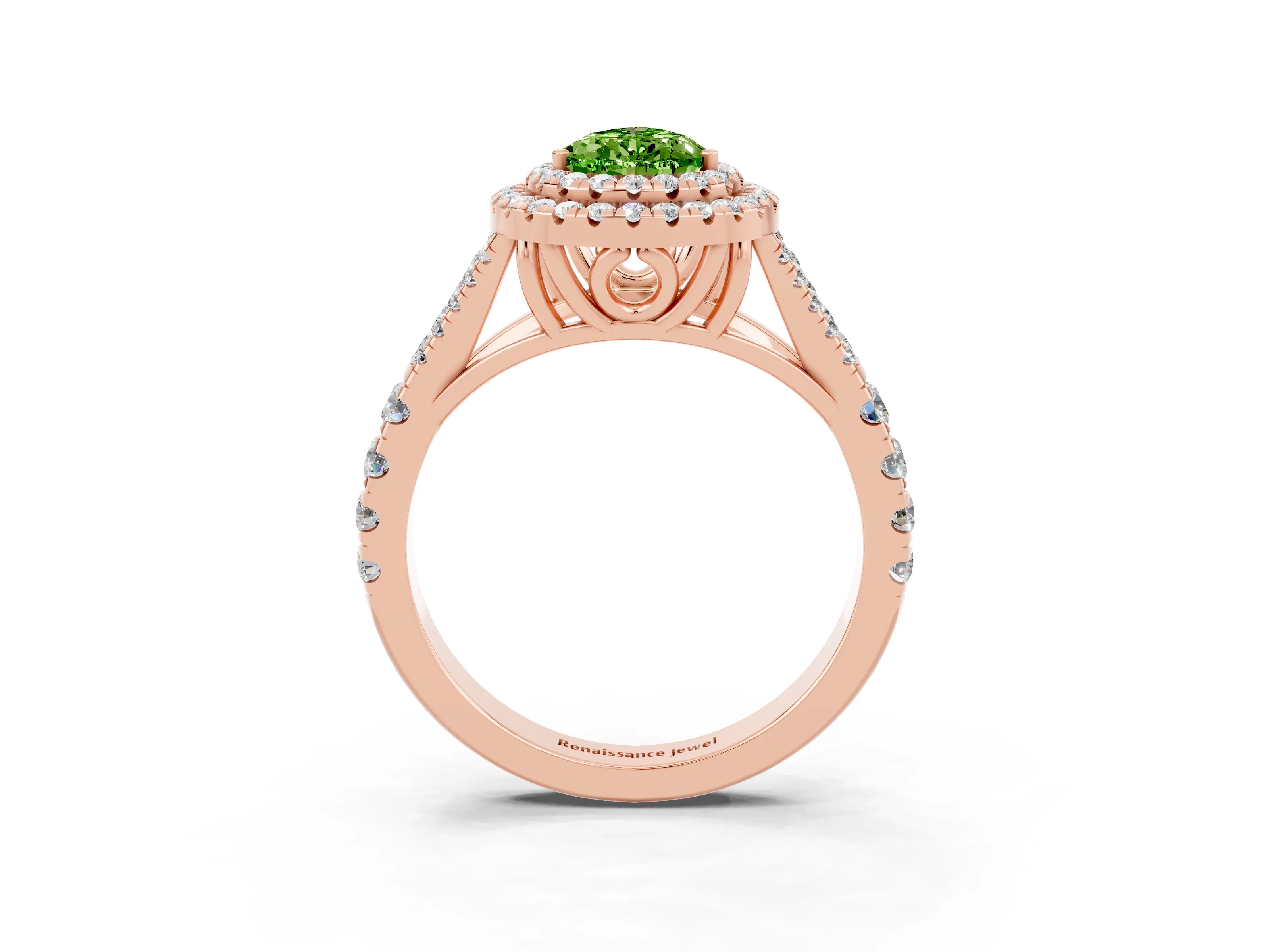Rose gold Pear Cut Peridot Double Halo Ring with Split Shank and Prong Setting_15