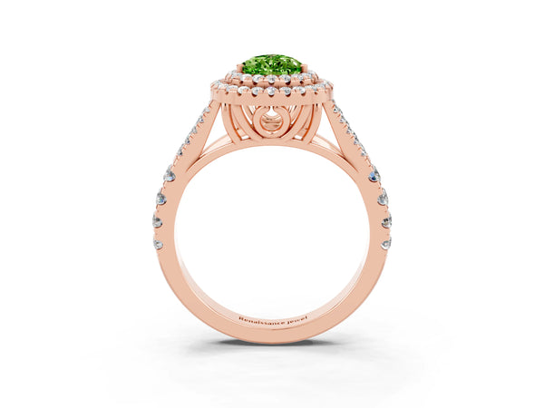 Rose gold Pear Cut Peridot Double Halo Ring with Split Shank and Prong Setting