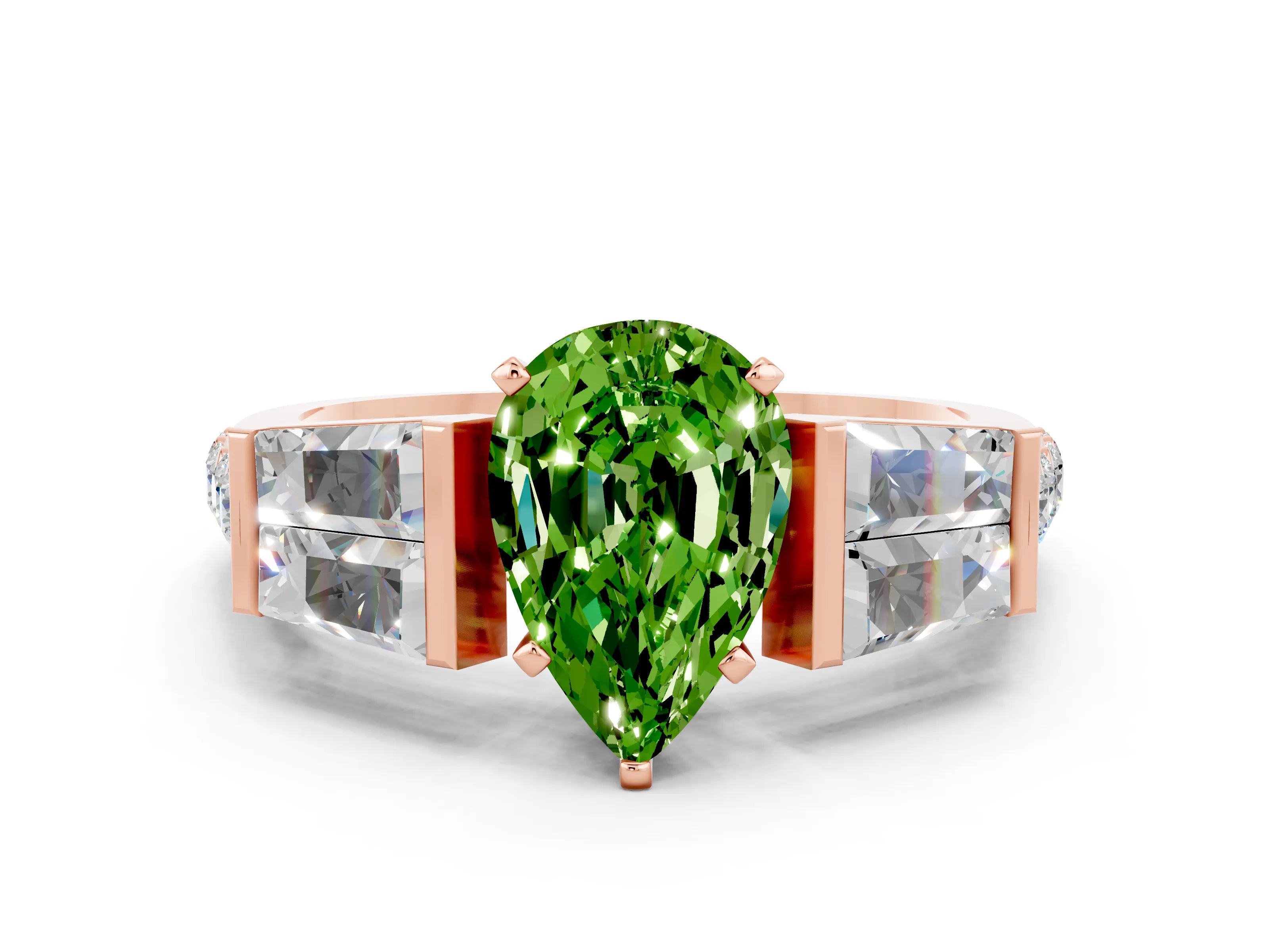 Rose gold Pear Cut Peridot Engagement Ring with Baguette Side Stones and Channel Set Band