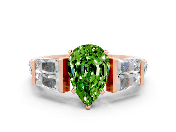 Rose gold Pear Cut Peridot Engagement Ring with Baguette Side Stones and Channel Set Band