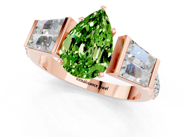 Rose gold Pear Cut Peridot Engagement Ring with Baguette Side Stones and Channel Set Band