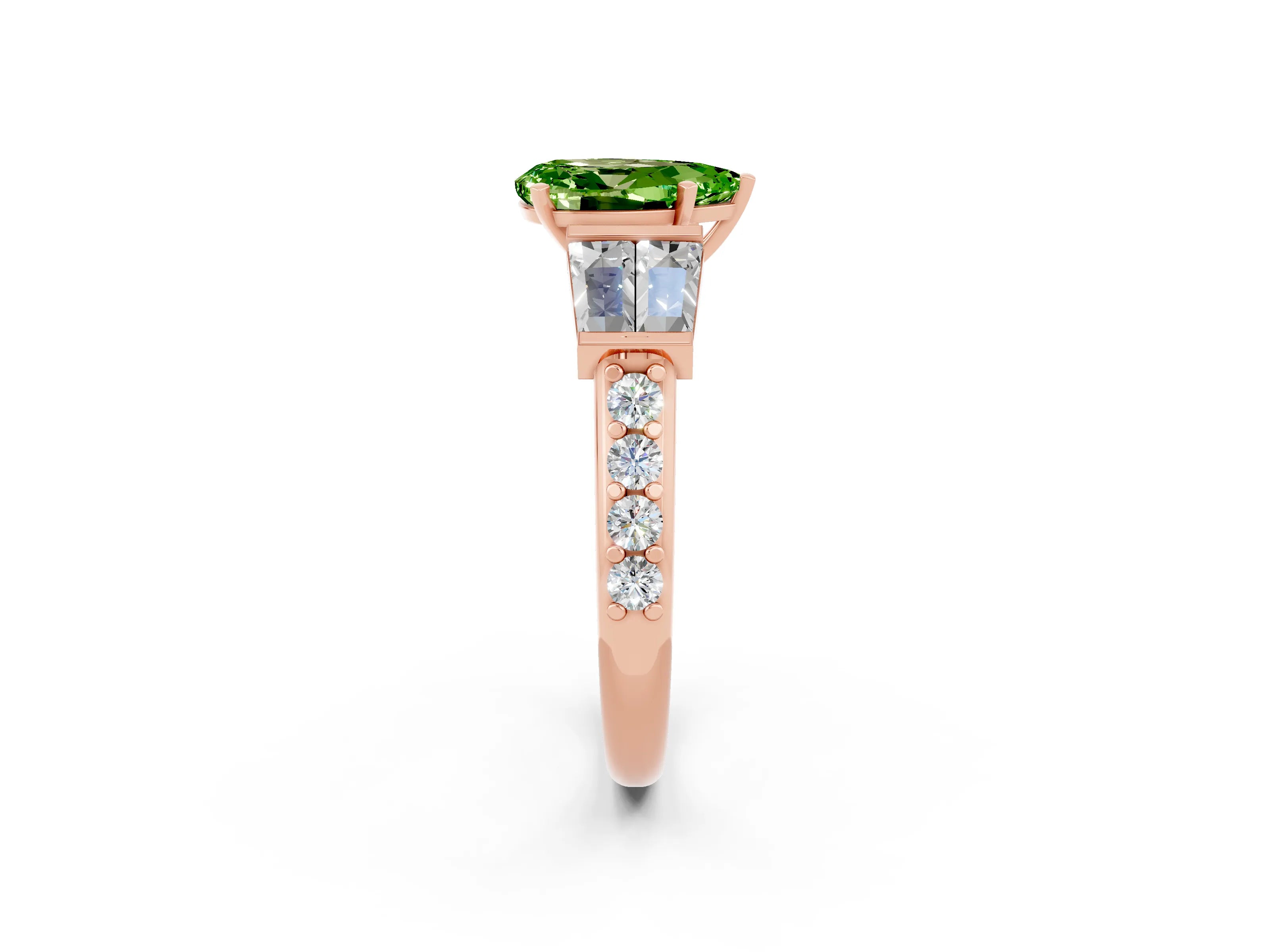 Rose gold Pear Cut Peridot Engagement Ring with Baguette Side Stones and Channel Set Band_2