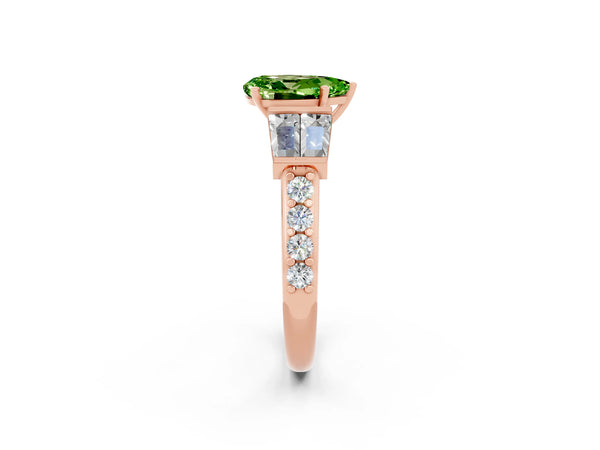 Rose gold Pear Cut Peridot Engagement Ring with Baguette Side Stones and Channel Set Band