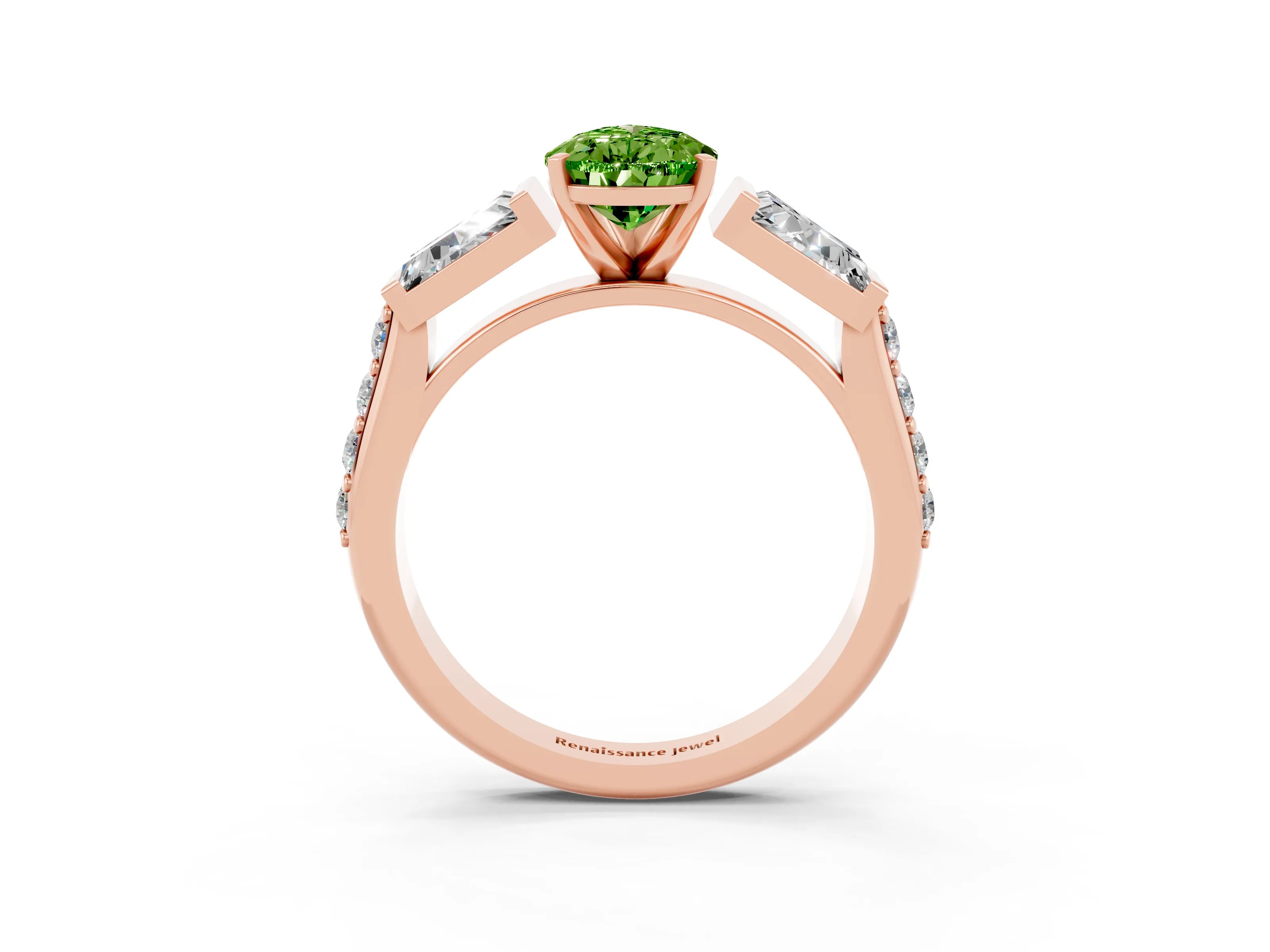 Rose gold Pear Cut Peridot Engagement Ring with Baguette Side Stones and Channel Set Band_3