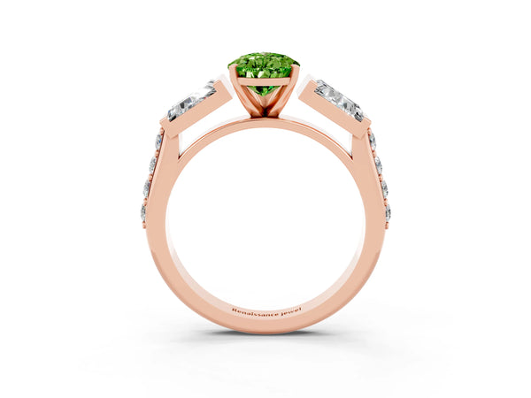 Rose gold Pear Cut Peridot Engagement Ring with Baguette Side Stones and Channel Set Band