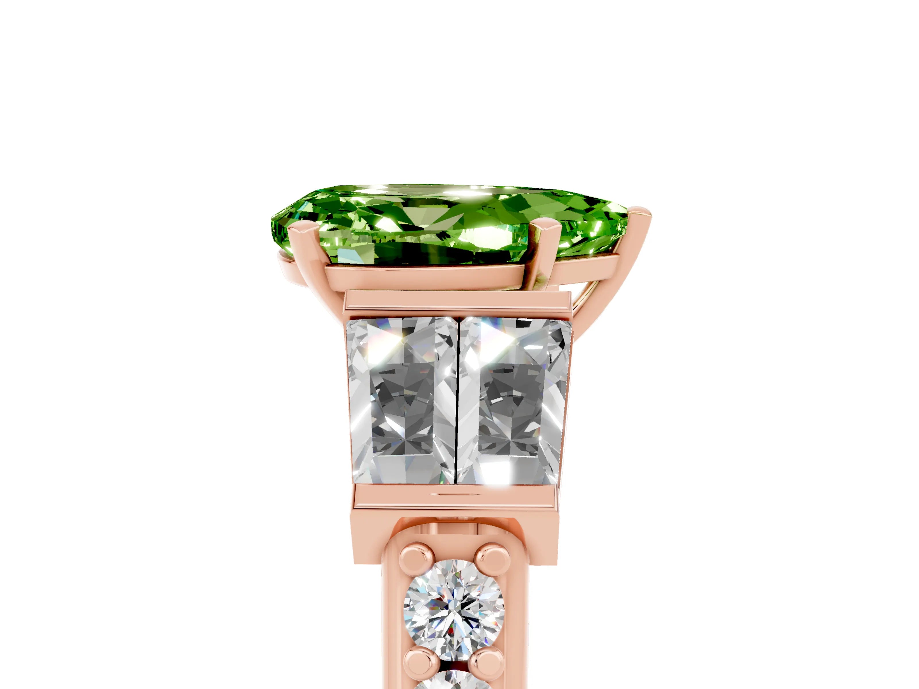 Rose gold Pear Cut Peridot Engagement Ring with Baguette Side Stones and Channel Set Band_5