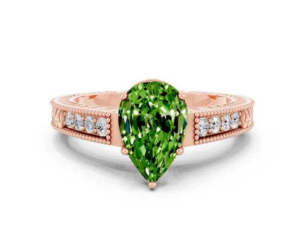 Rose gold Pear Cut Peridot Engagement Ring with Milgrain Channel Set Band and Prong Setting