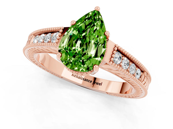 Rose gold Pear Cut Peridot Engagement Ring with Milgrain Channel Set Band and Prong Setting