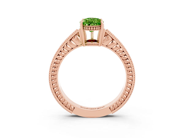 Rose gold Pear Cut Peridot Engagement Ring with Milgrain Channel Set Band and Prong Setting