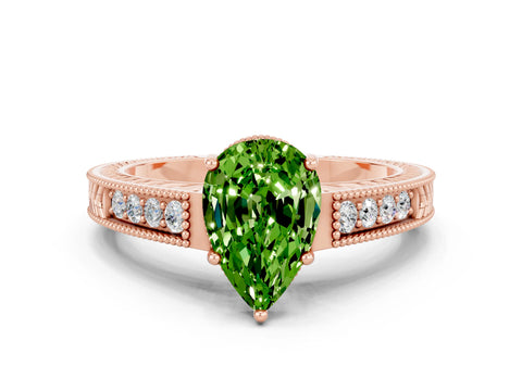 Rose gold Pear Cut Peridot Engagement Ring with Milgrain Channel Set Band and Prong Setting