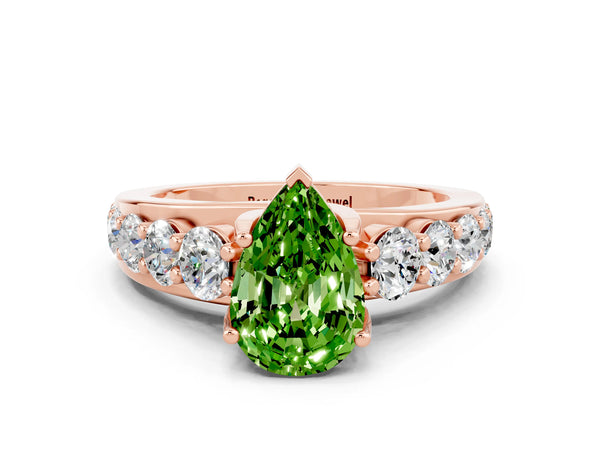 Rose gold Pear Cut Peridot Engagement Ring with Pavé Band and Four-Prong Setting