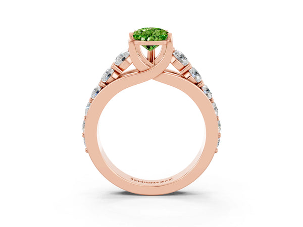 Rose gold Pear Cut Peridot Engagement Ring with Pavé Band and Four-Prong Setting