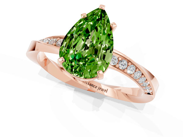 Rose gold Pear Cut Peridot Engagement Ring with Side Stone Accents and Four-Prong Setting