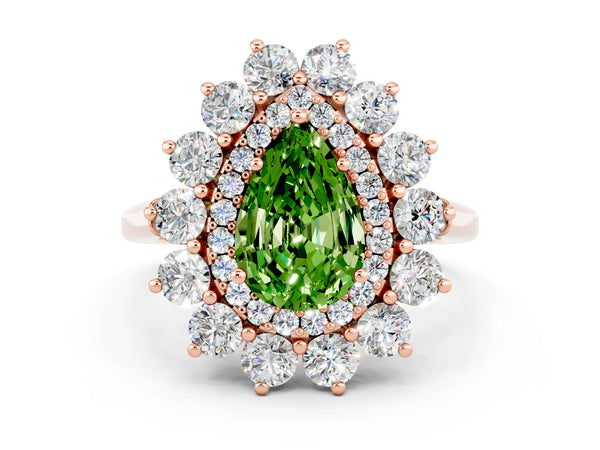 Rose gold Pear Cut Peridot Floral Double Halo Engagement Ring with Prong Setting