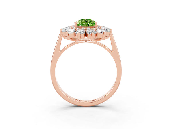 Rose gold Pear Cut Peridot Floral Double Halo Engagement Ring with Prong Setting