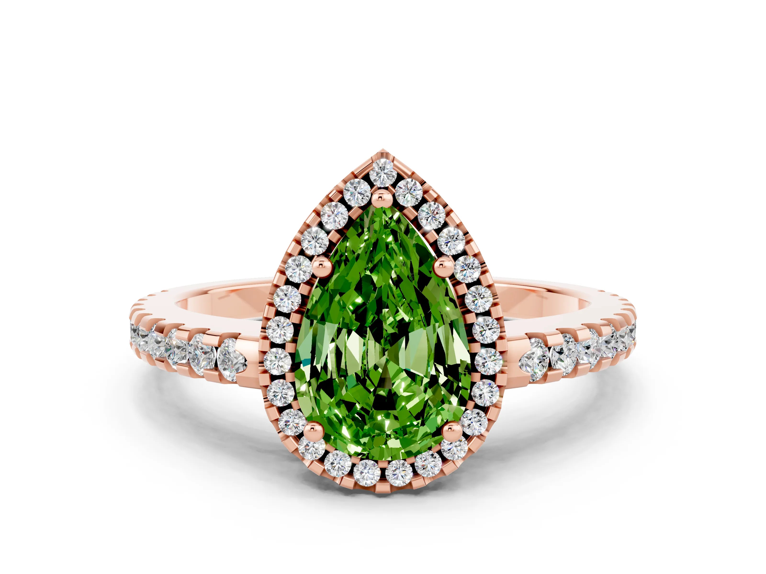 Rose gold Pear Cut Peridot Halo Engagement Ring with Pavé Band and Prong Setting_12
