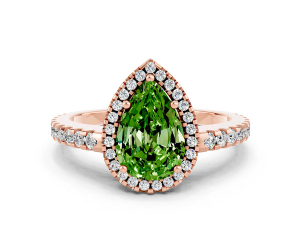 Rose gold Pear Cut Peridot Halo Engagement Ring with Pavé Band and Prong Setting