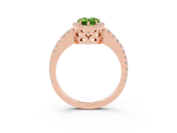 Rose gold Pear Cut Peridot Halo Engagement Ring with Pavé Band and Prong Setting