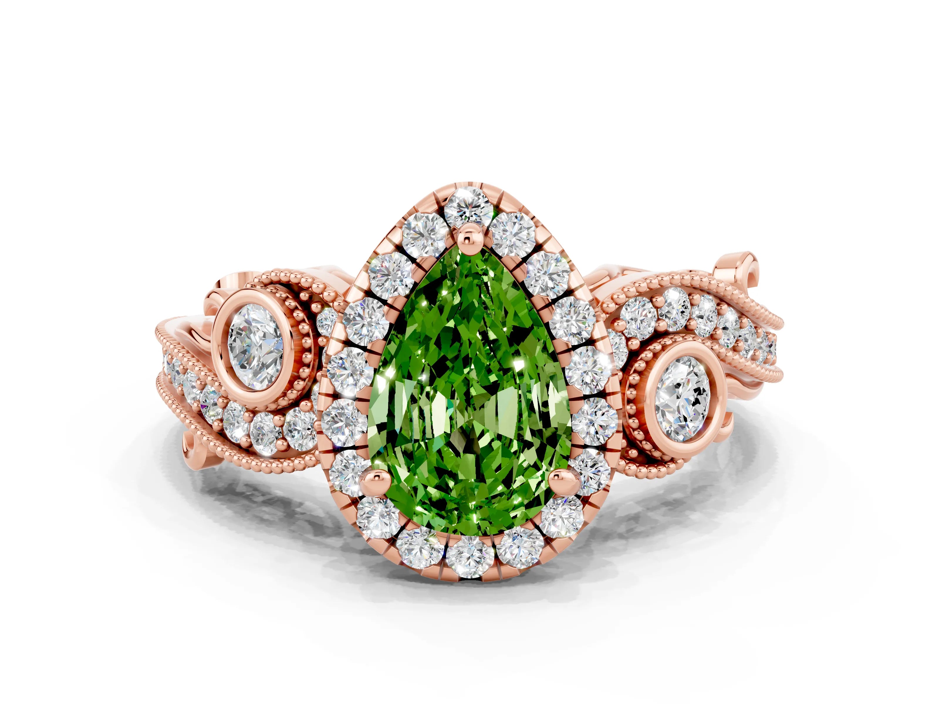 Rose gold Pear Cut Peridot Halo Ring with Milgrain Pavé Band and Four-Prong Setting_12