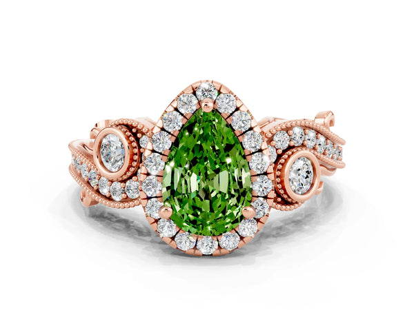 Rose gold Pear Cut Peridot Halo Ring with Milgrain Pavé Band and Four-Prong Setting