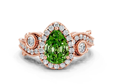 Rose gold Pear Cut Peridot Halo Ring with Milgrain Pavé Band and Four-Prong Setting_12
