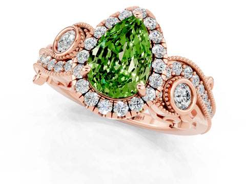Rose gold Pear Cut Peridot Halo Ring with Milgrain Pavé Band and Four-Prong Setting_13
