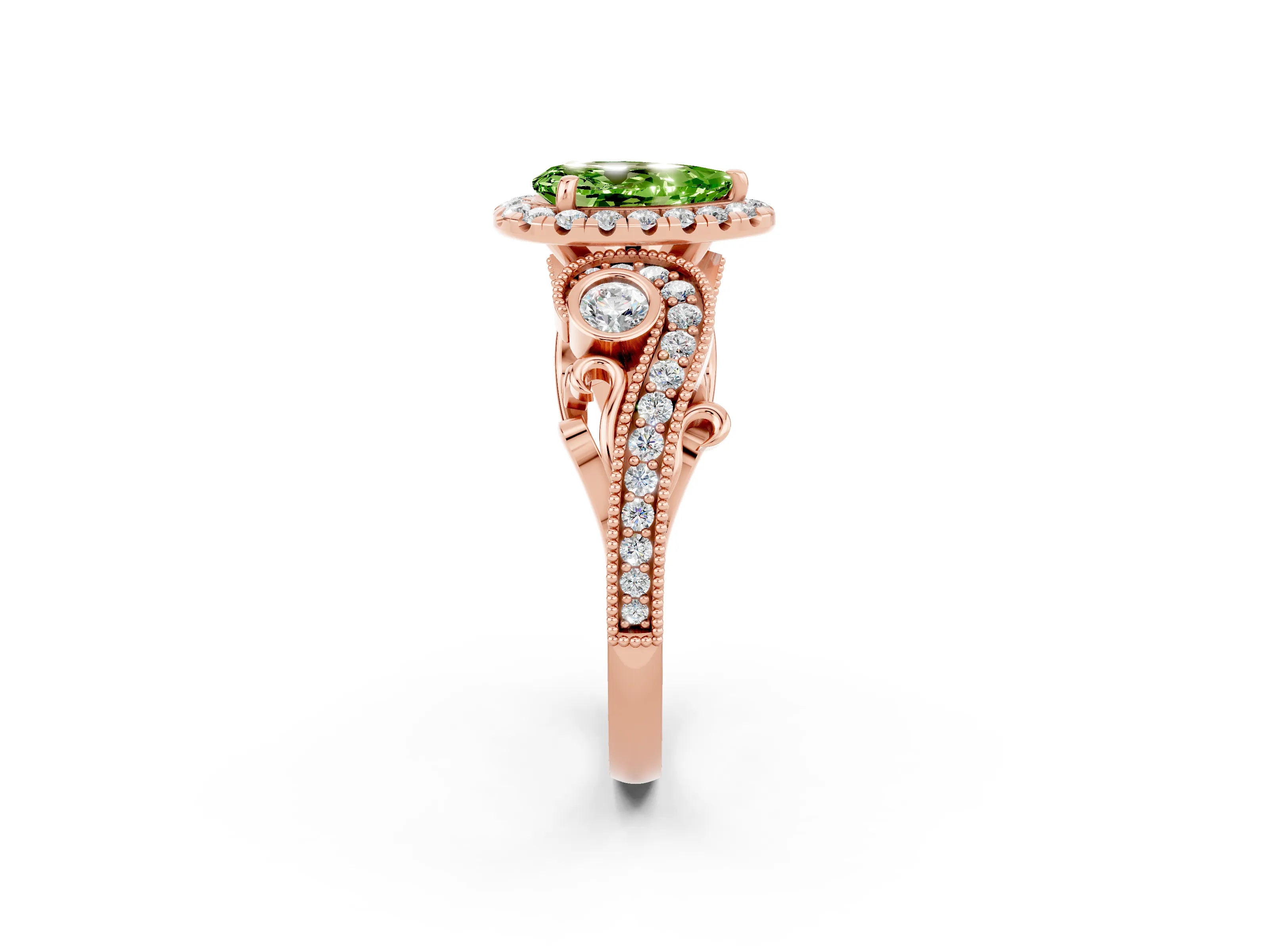 Rose gold Pear Cut Peridot Halo Ring with Milgrain Pavé Band and Four-Prong Setting_14