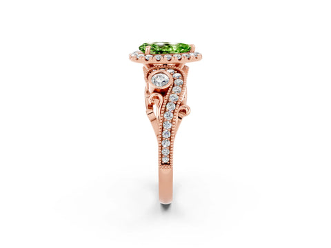 Rose gold Pear Cut Peridot Halo Ring with Milgrain Pavé Band and Four-Prong Setting_14