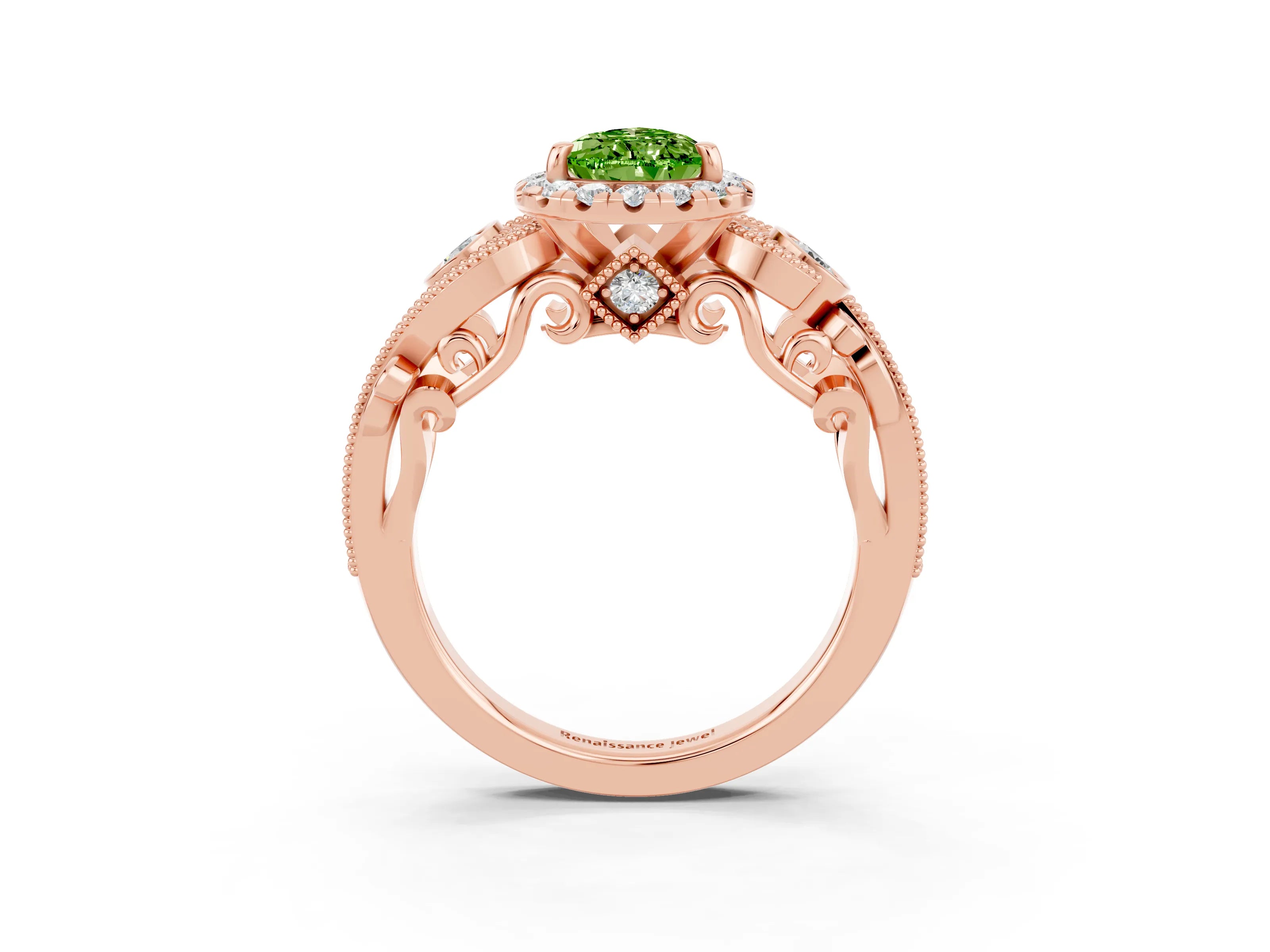 Rose gold Pear Cut Peridot Halo Ring with Milgrain Pavé Band and Four-Prong Setting_15