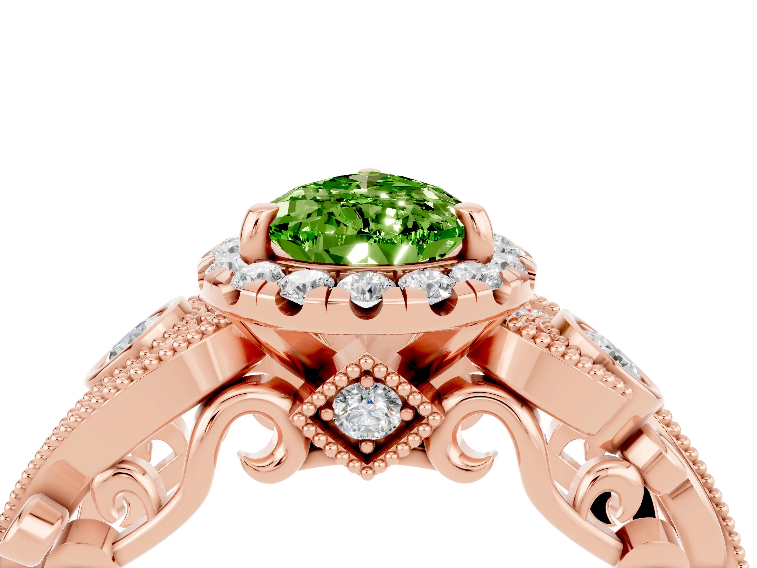 Rose gold Pear Cut Peridot Halo Ring with Milgrain Pavé Band and Four-Prong Setting_16