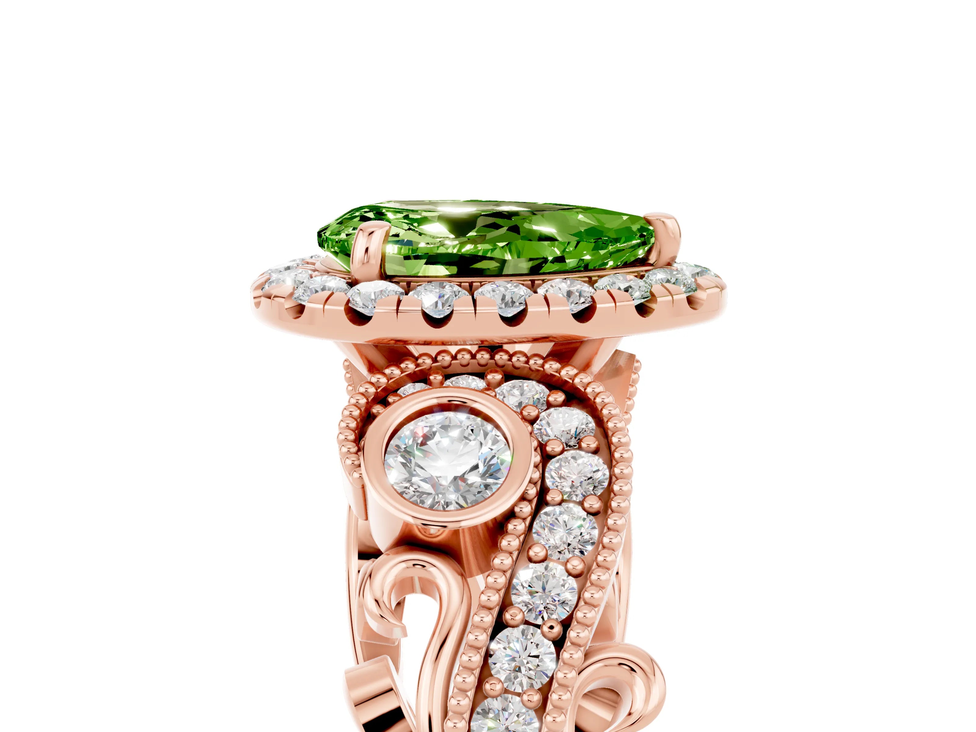 Rose gold Pear Cut Peridot Halo Ring with Milgrain Pavé Band and Four-Prong Setting_17