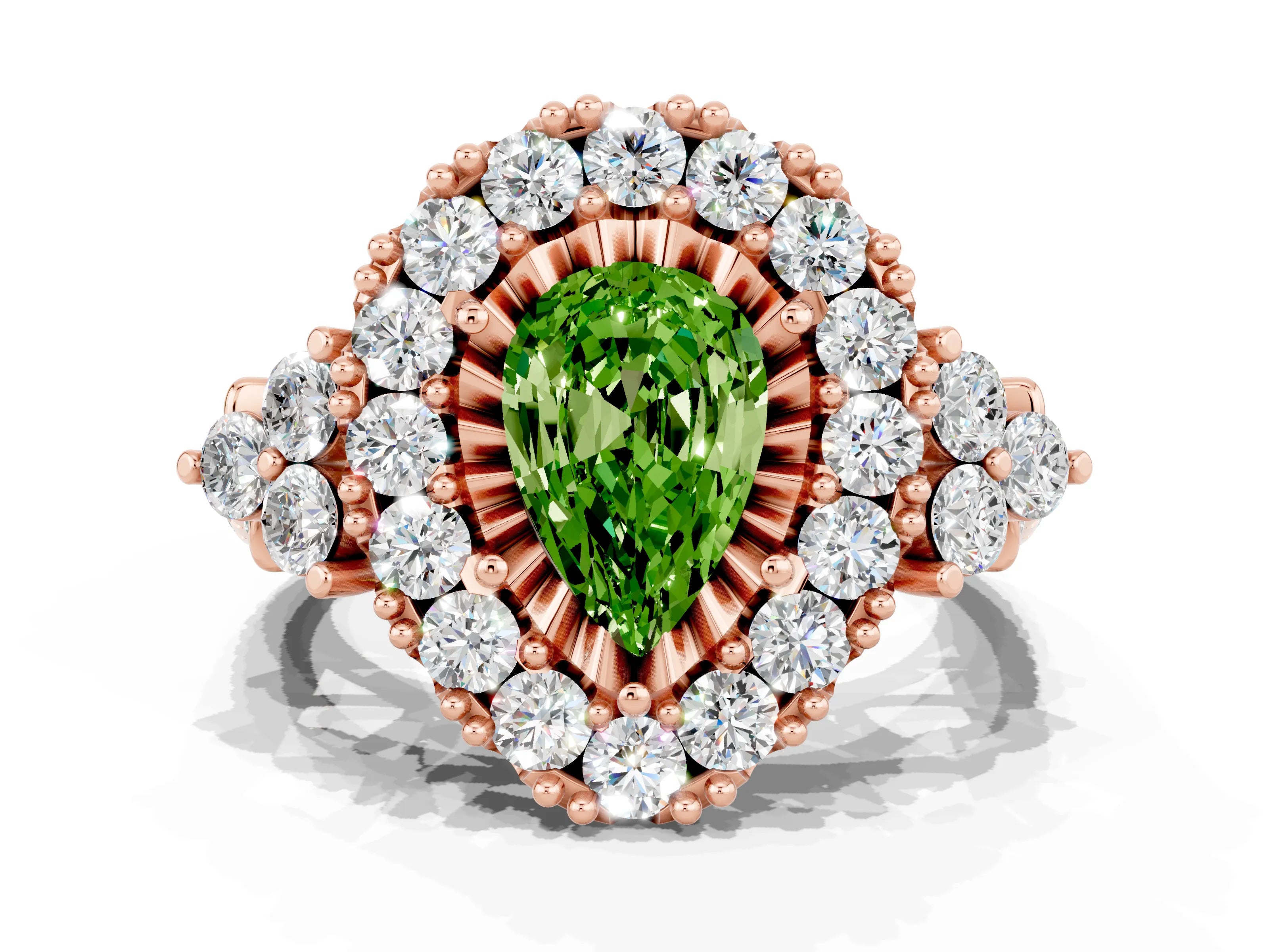 Rose gold Pear Cut Peridot Halo Ring with Pavé Band and Four-Prong Setting_12