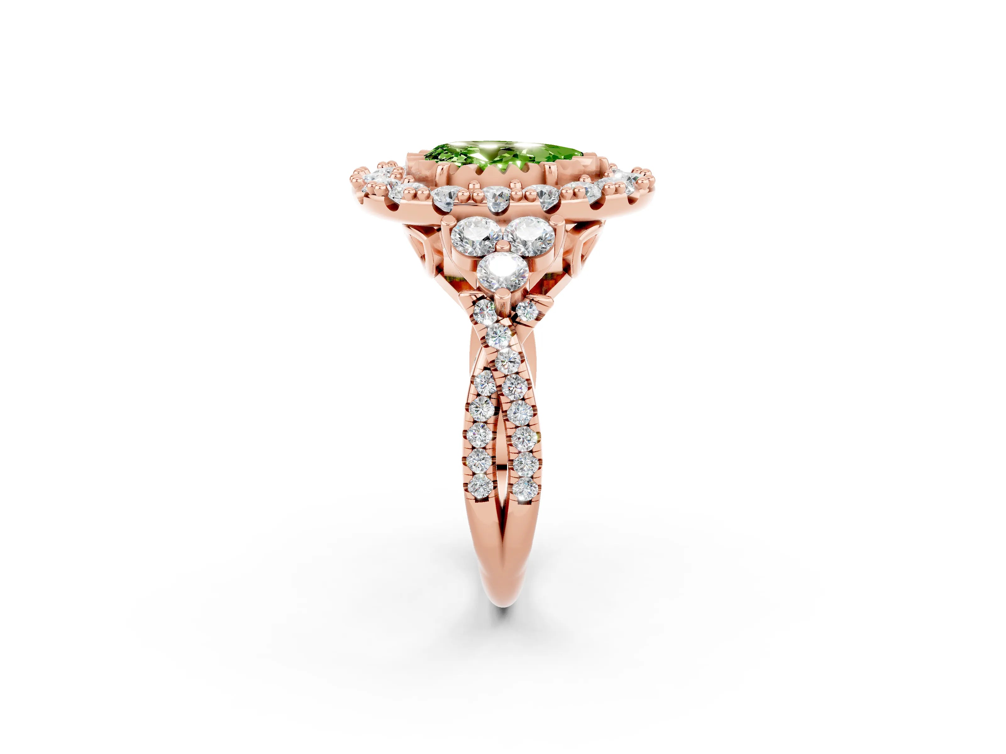 Rose gold Pear Cut Peridot Halo Ring with Pavé Band and Four-Prong Setting_14
