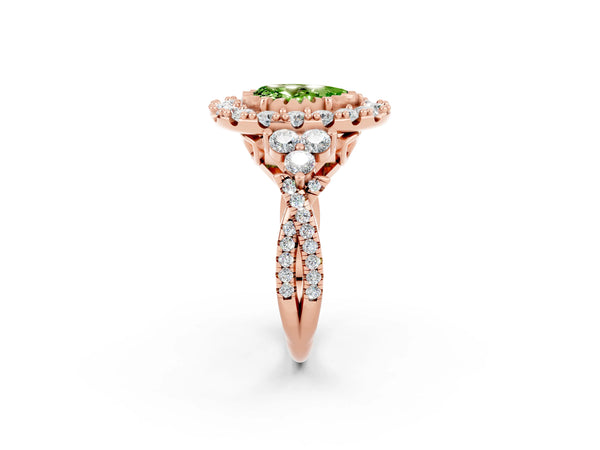 Rose gold Pear Cut Peridot Halo Ring with Pavé Band and Four-Prong Setting