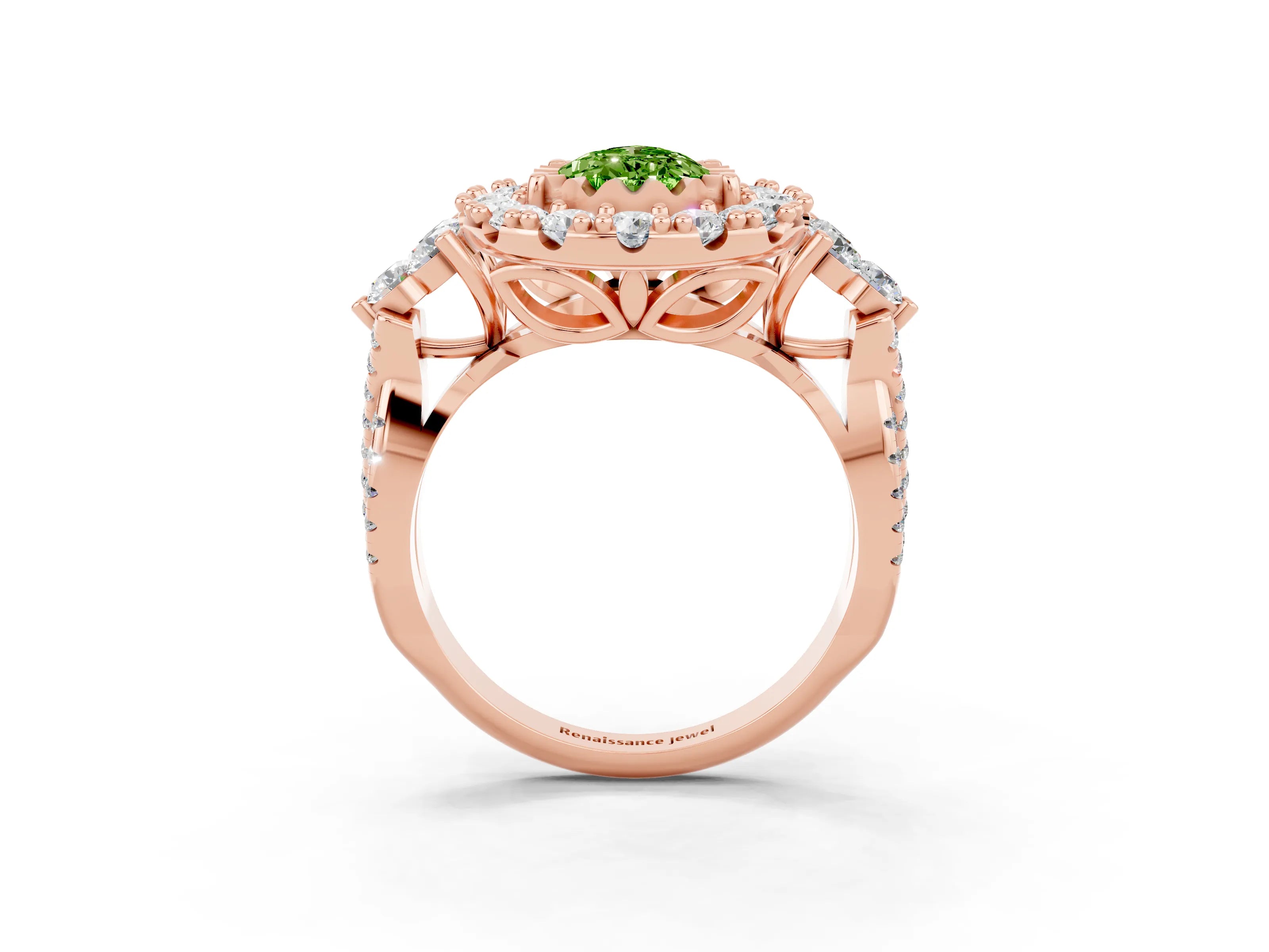 Rose gold Pear Cut Peridot Halo Ring with Pavé Band and Four-Prong Setting_15