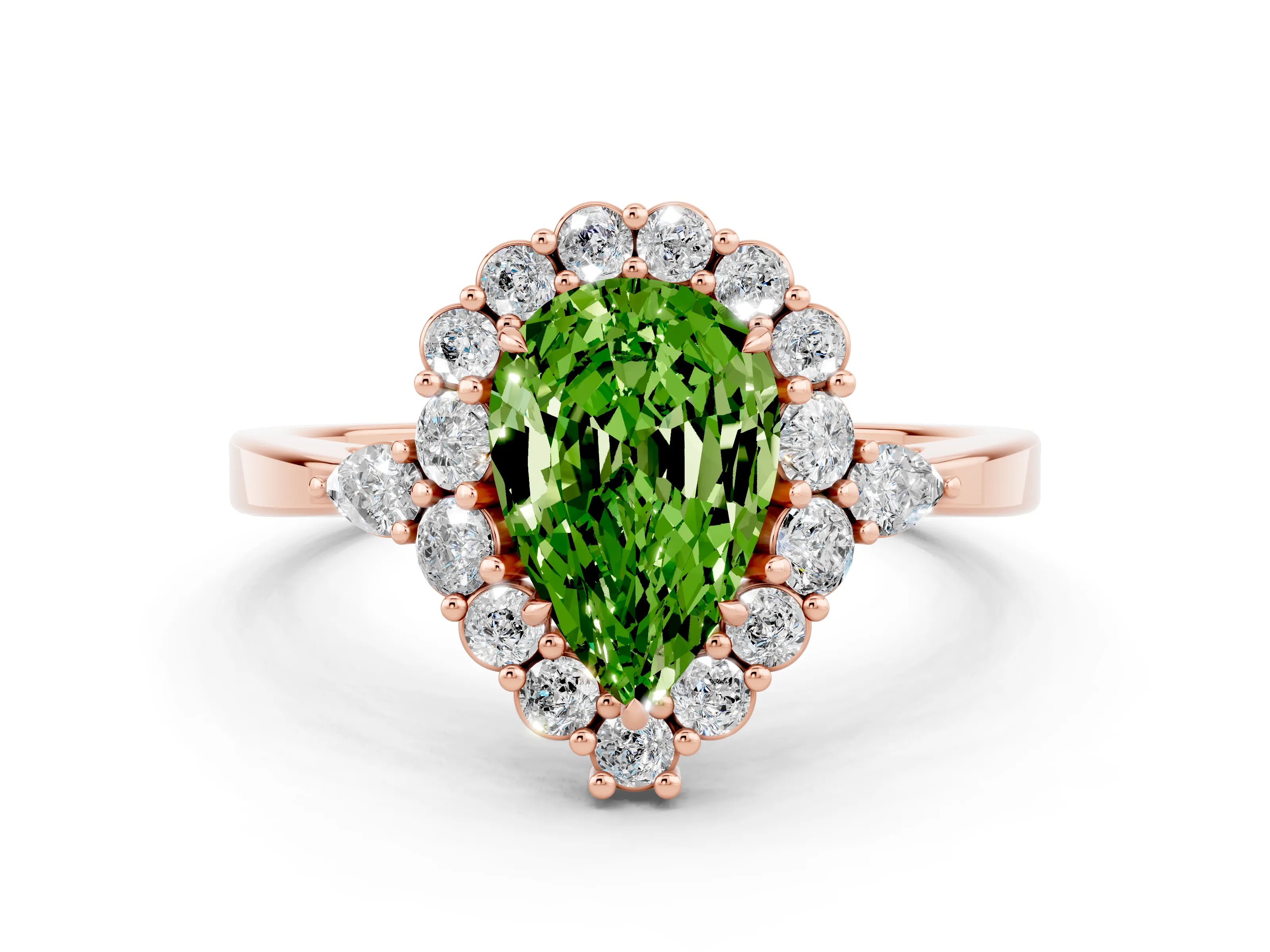 Rose gold Pear Cut Peridot Halo Ring with Pear Side Stones and Prong Setting_12