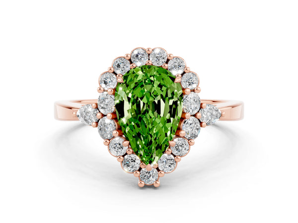 Rose gold Pear Cut Peridot Halo Ring with Pear Side Stones and Prong Setting