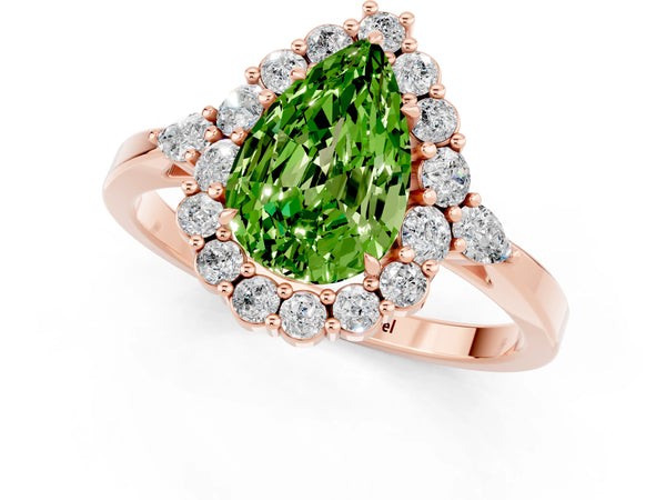 Rose gold Pear Cut Peridot Halo Ring with Pear Side Stones and Prong Setting
