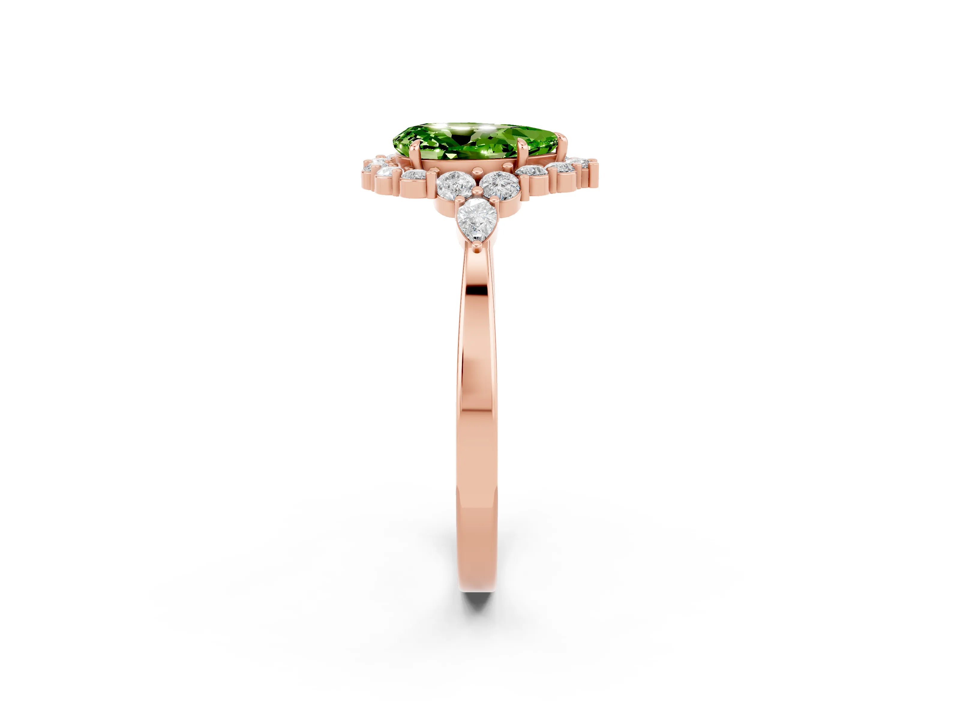 Rose gold Pear Cut Peridot Halo Ring with Pear Side Stones and Prong Setting_14